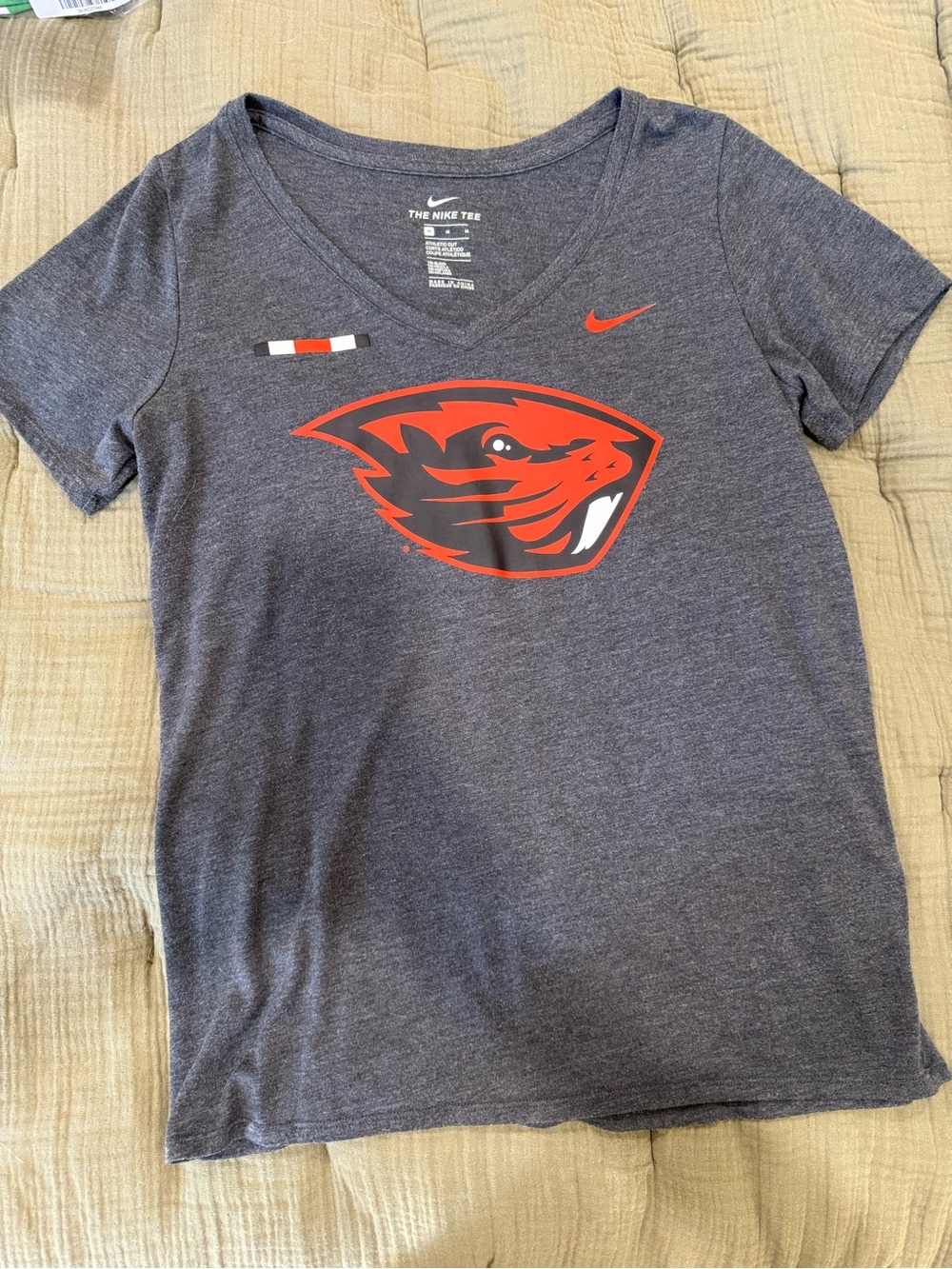 Nike women’s Heather Gray V-Neck Tee with Orange Beavers Logo